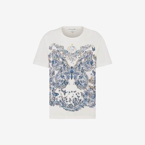 디올 화이트 코튼 린넨 저지 & 파스텔 미드나잇 블루 Butterfly Around The World 모티브 티셔츠 (매장가 150만원)